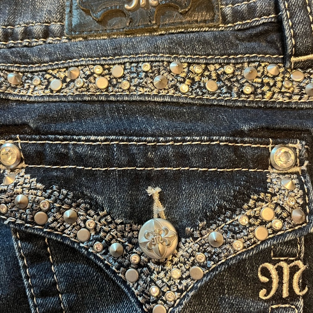 Miss Me Dark Blue Jeans with Silver Embellish and Blue and Silver Embroidery.